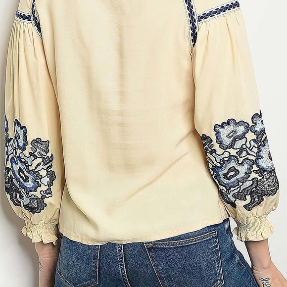 Floral Embroidered Sleeve V Neck Top - Picture 2 of 2